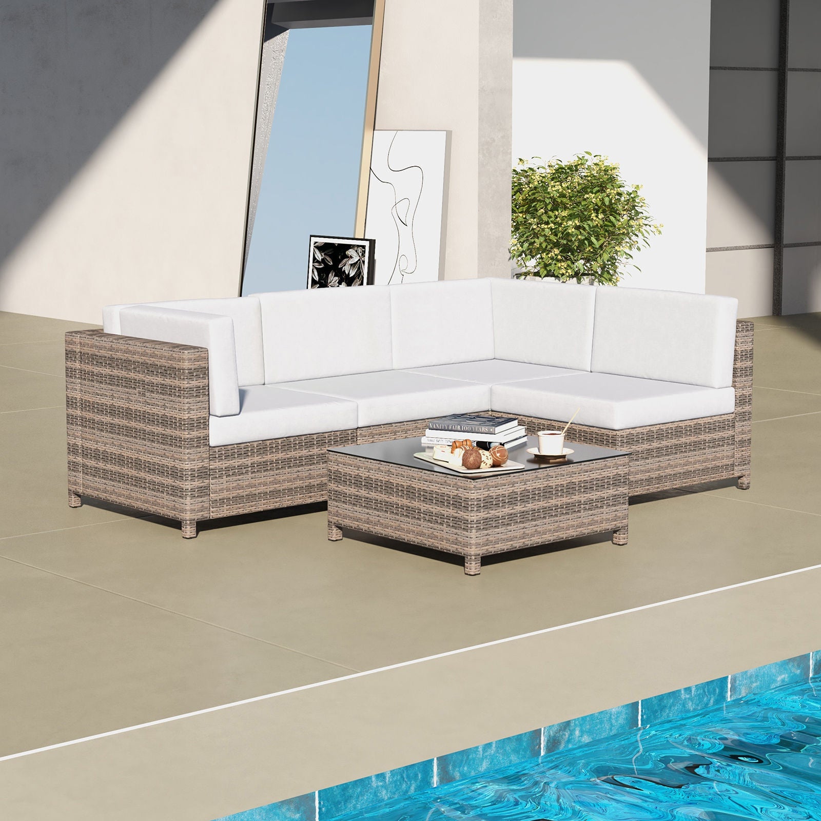 Milano Decor 5 Piece Outdoor Sofa Set Rattan Oatmeal Black Patio Garden Lounge-Outdoor Sofa/Lounge Sets-PEROZ Accessories