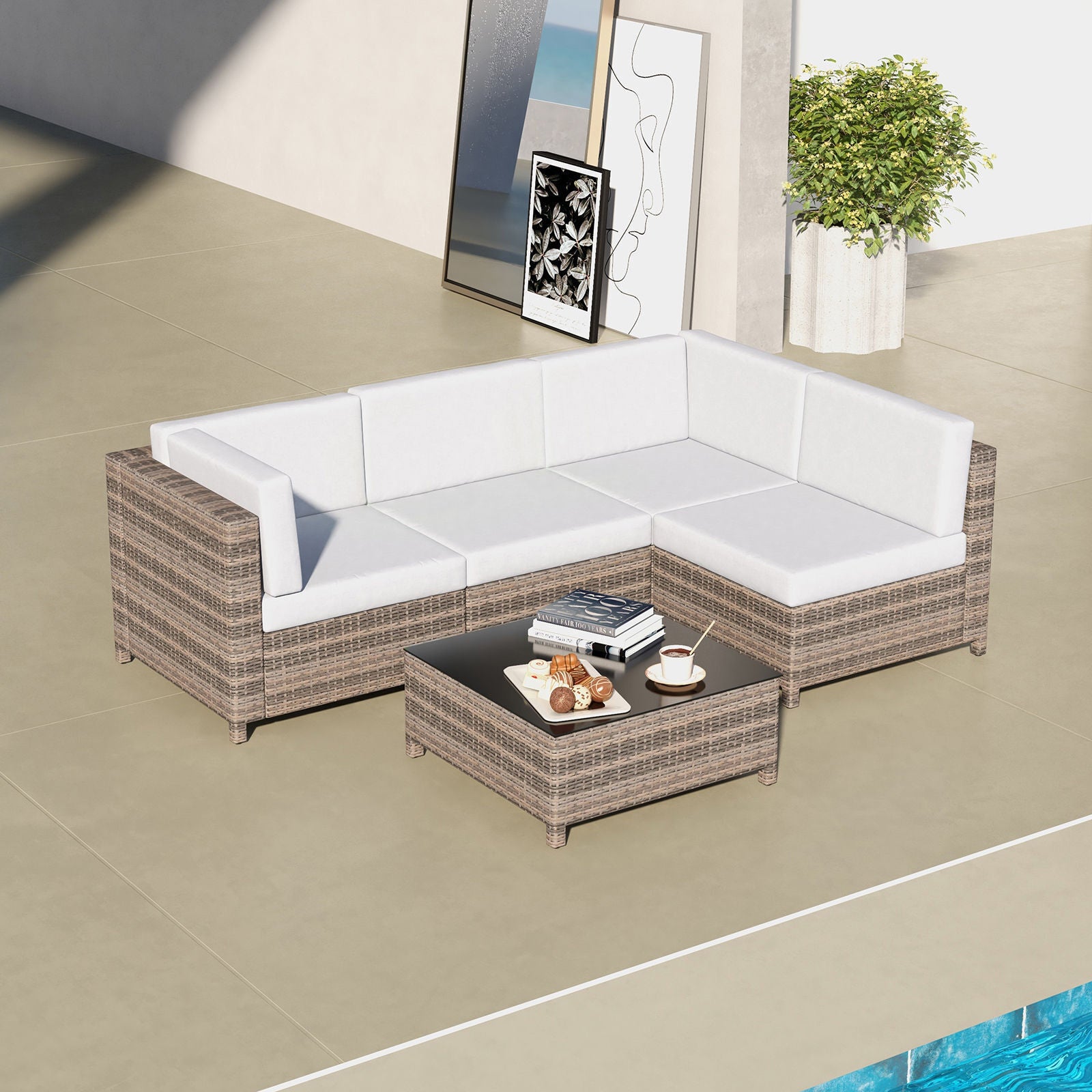 Milano Decor 5 Piece Outdoor Sofa Set Rattan Oatmeal Black Patio Garden Lounge-Outdoor Sofa/Lounge Sets-PEROZ Accessories