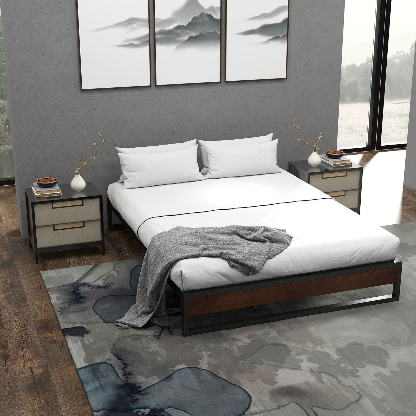 Milano Decor Sorrento Metal Wood Bed Frame Mattress Base Platform Modern-Bed Frames & Bases-PEROZ Accessories