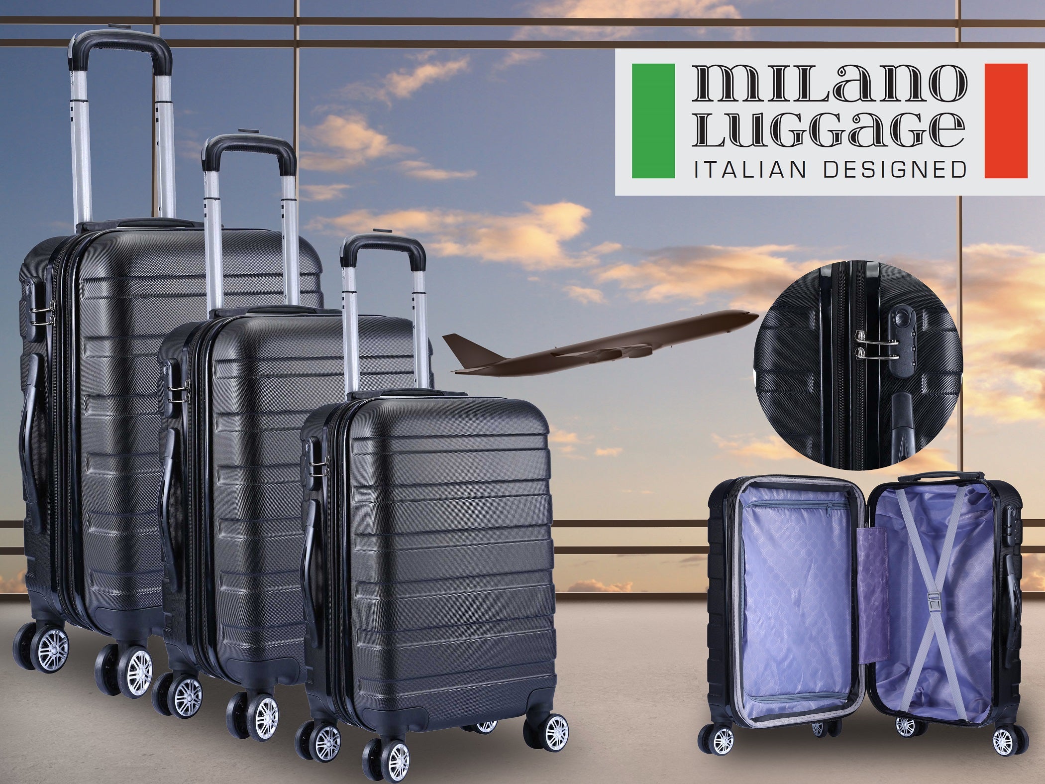 Milano XPander 3pc ABS Luggage Suitcase Luxury Hard Case Shockproof Travel Set-Luggage-PEROZ Accessories