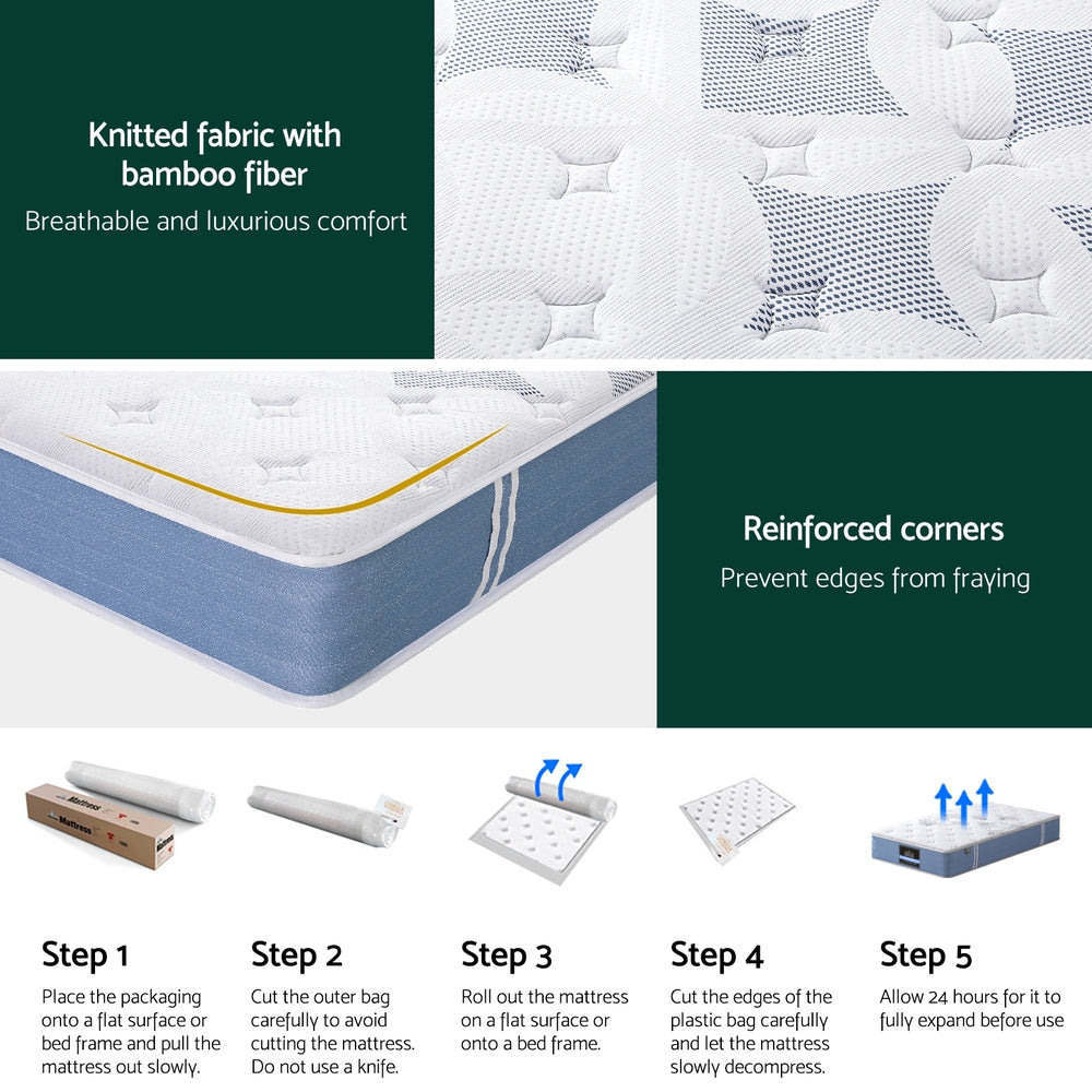25cm Giselle Mattress King Single Bed Pocket Spring Mattresses-Furniture > Mattresses > King Single Mattress-PEROZ Accessories