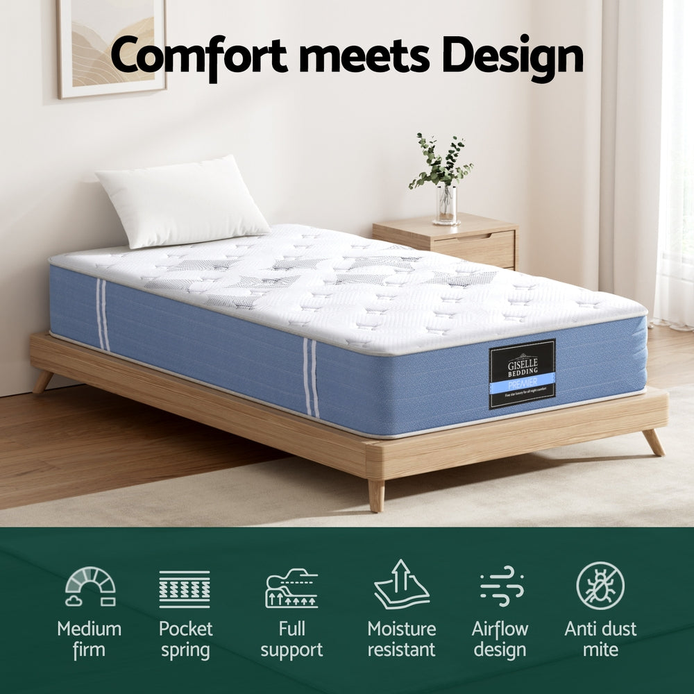 25cm Giselle Mattress Single Bed Pocket Spring Mattresses-Furniture > Mattresses > Single Mattress-PEROZ Accessories