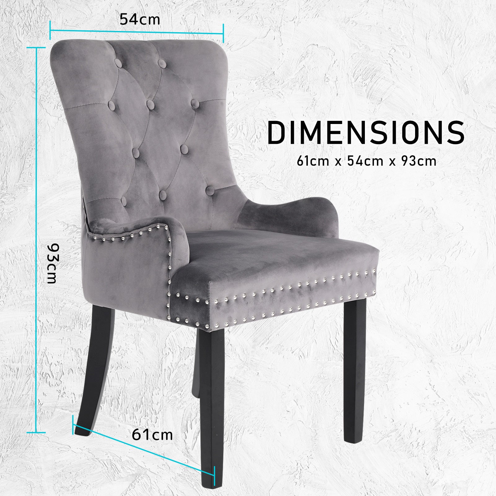 2X French Provincial Dining Chair Ring Studded Velvet Rubberwood Leg LISSE GREY-Furniture > Bedroom > Bedside Tables-PEROZ Accessories