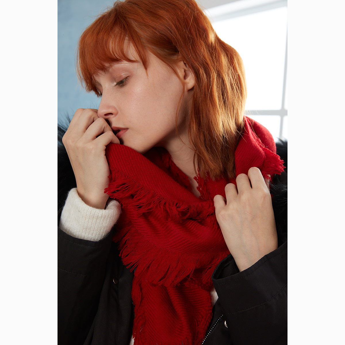 Ugg Fringed Check Wool Scarf Tomato-Scarves-PEROZ Accessories