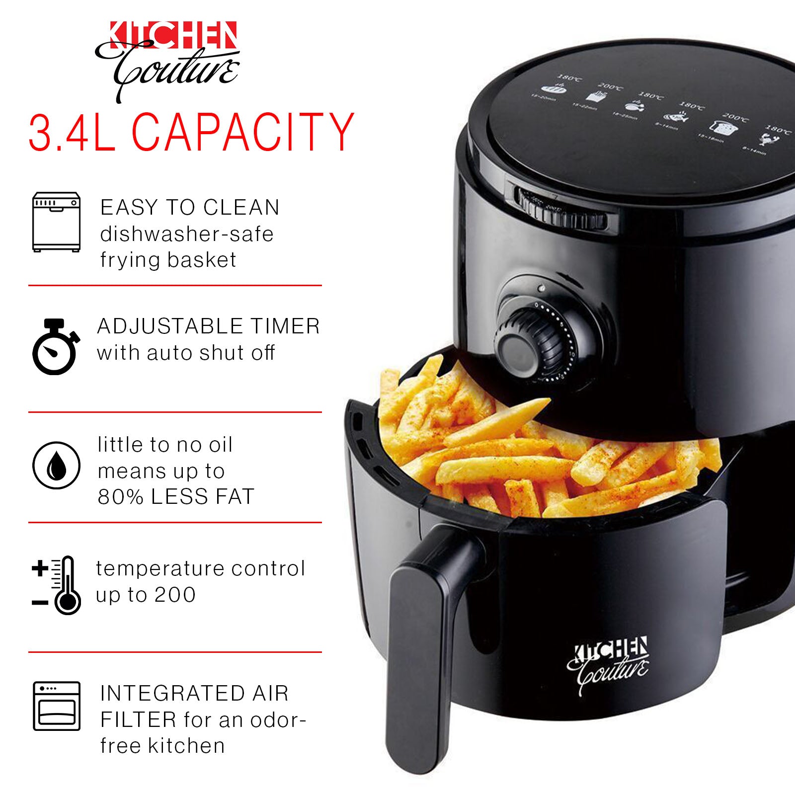 Kitchen Couture Air Fryer Healthy Food No Oil Cooking Recipe 3.4L Capacity-Small Kitchen Appliances-PEROZ Accessories