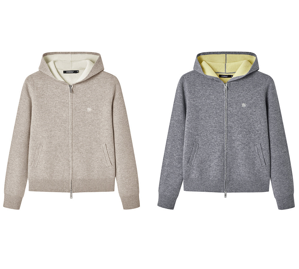 EVERAU 100% Wool Cardigan Knit Zip Hoodie Tanno