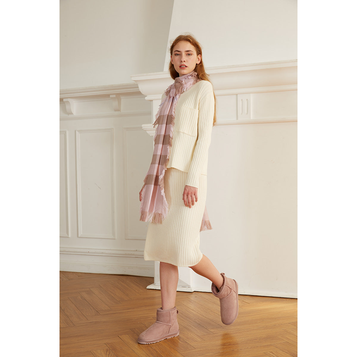 Ugg Fringed Check Wool Scarf Pink and Check-Scarves-PEROZ Accessories