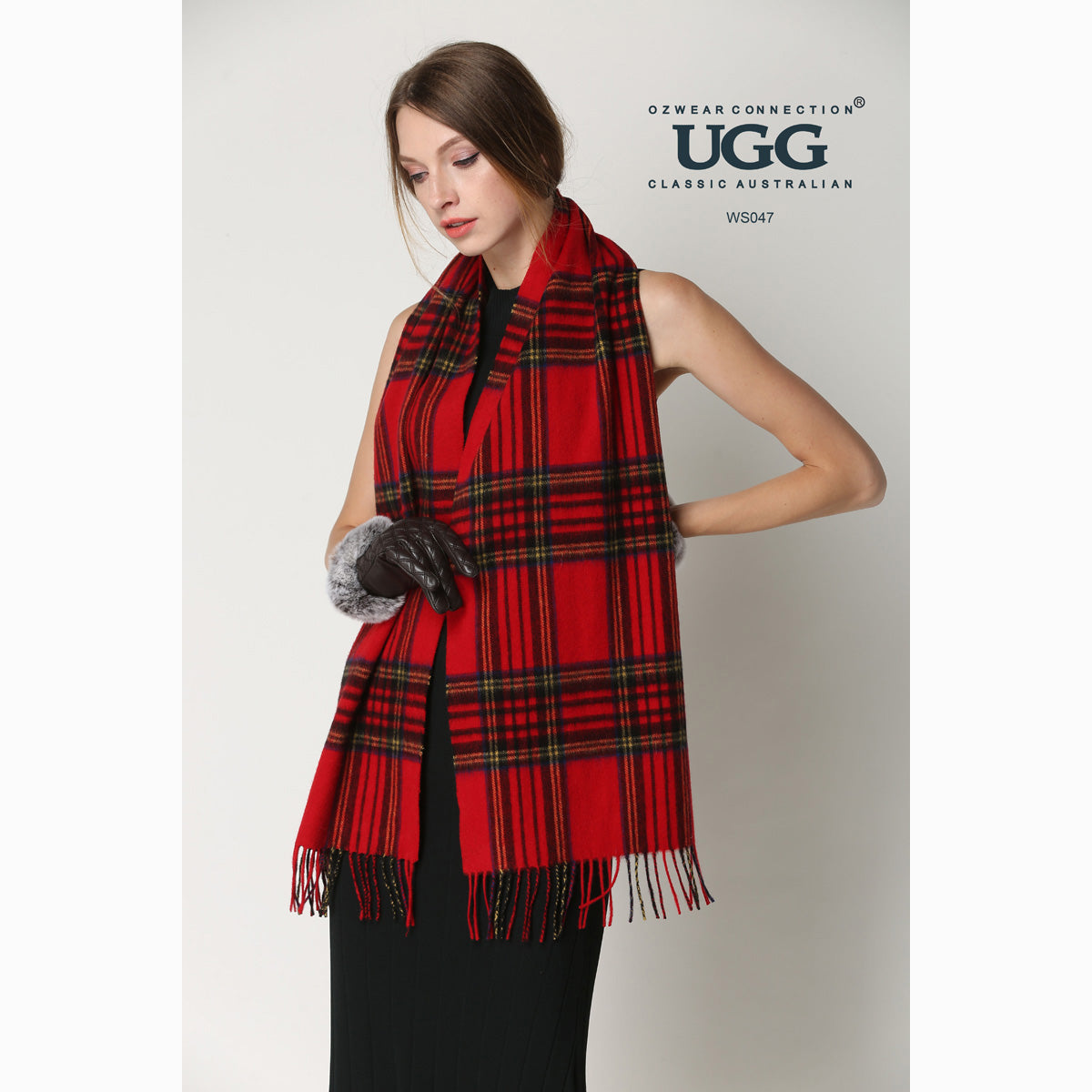 Ugg 100% Wool Scarf Check Red and Navy-Scarves-PEROZ Accessories