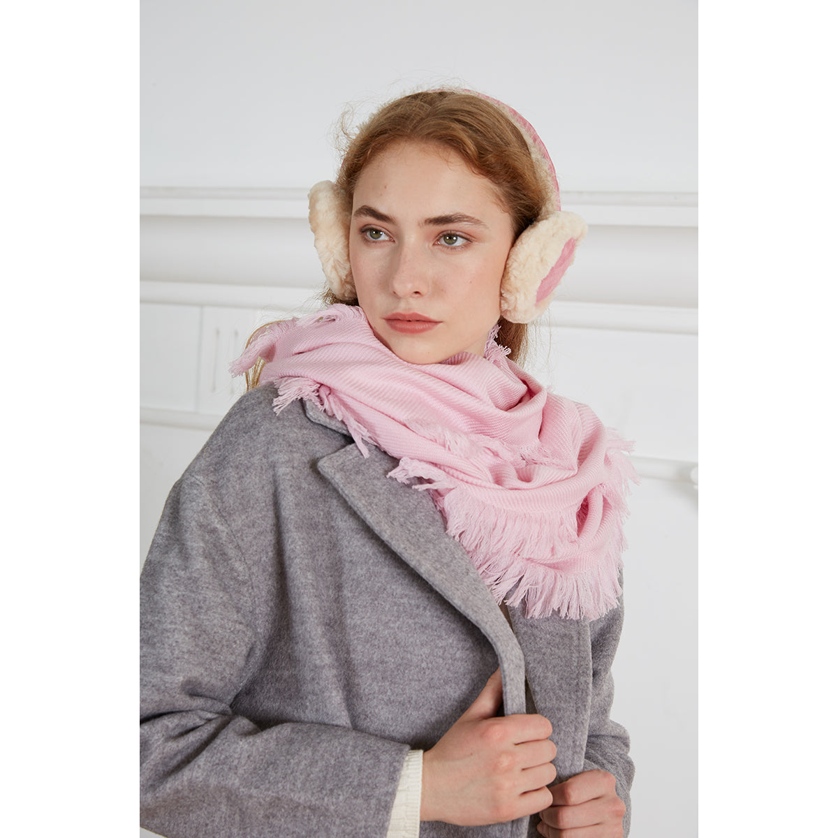 Ugg Fringed Check Wool Scarf Pink-Scarves-PEROZ Accessories