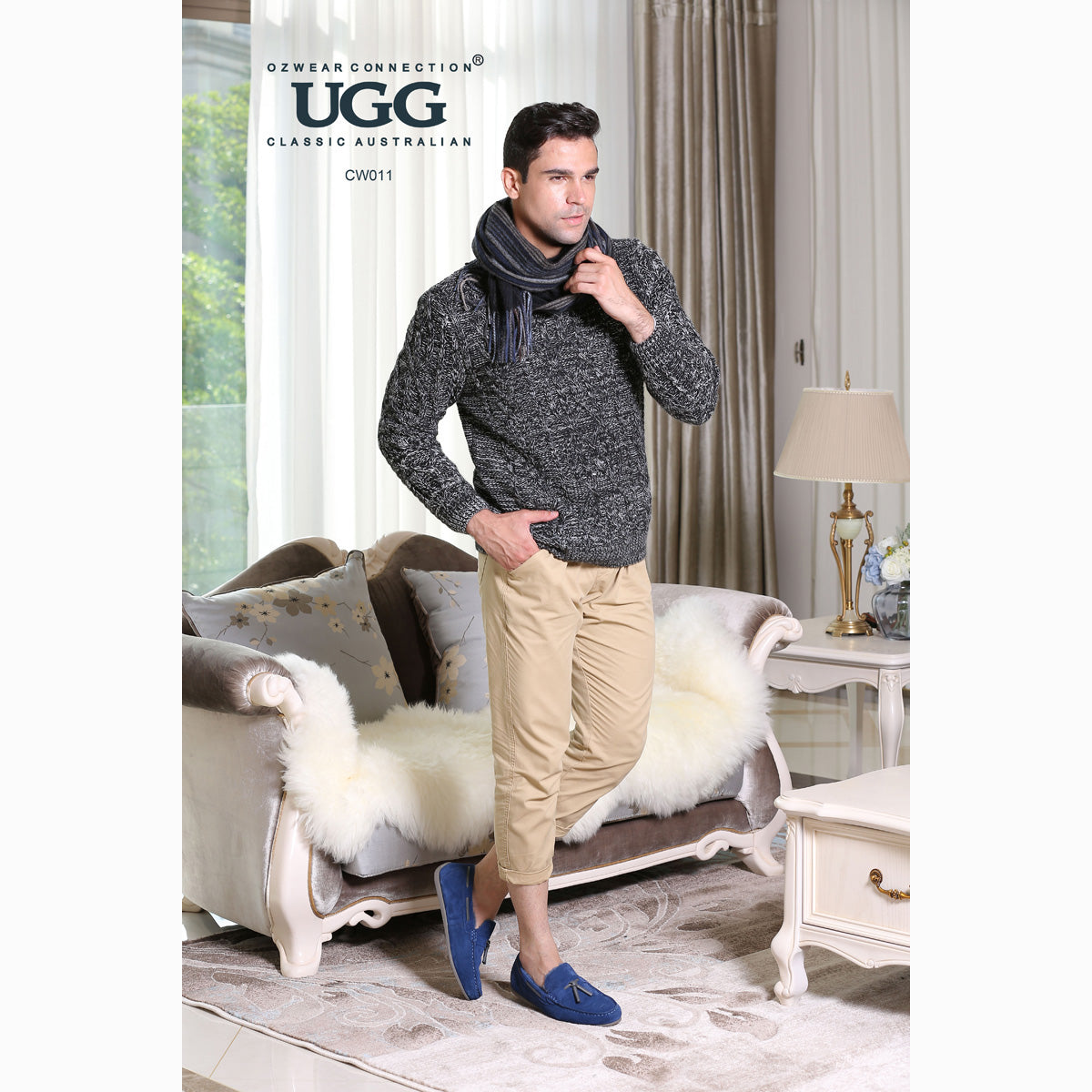 Ugg Cashmere & Wool Scarf Navy and Bedge (Stripe)-Scarves-PEROZ Accessories