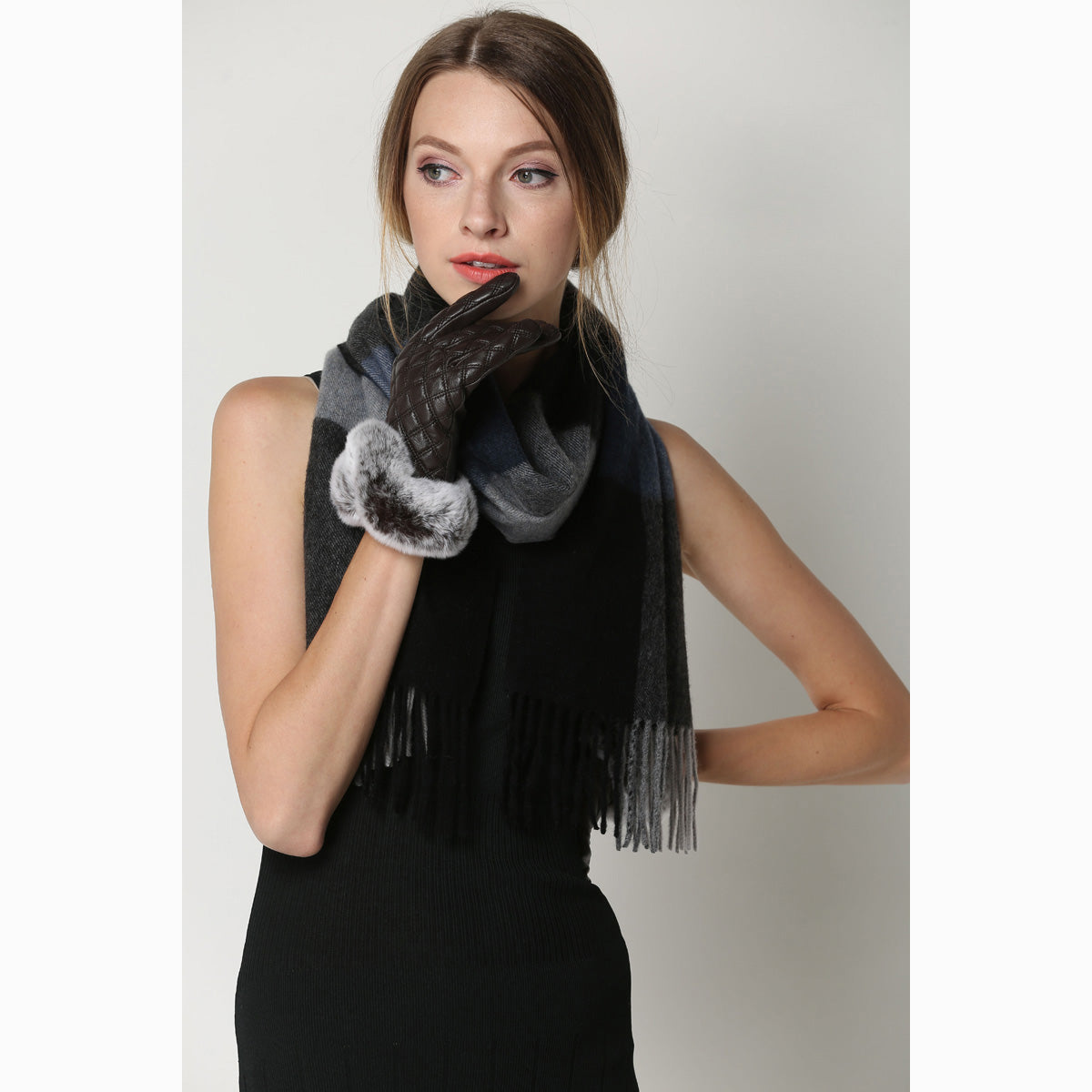 Ugg Cashmere & Wool Scarf Blue Grey and Black-Scarves-PEROZ Accessories