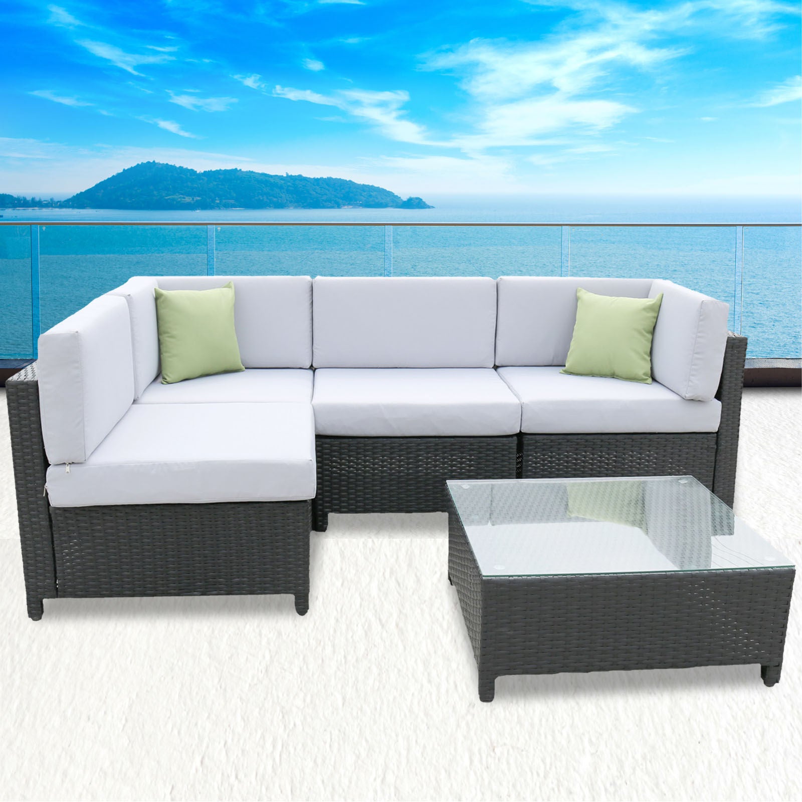 Milano 5 Piece Wicker Rattan Sofa Set Light Grey Outdoor Lounge Patio Set-Outdoor Sofa/Lounge Sets-PEROZ Accessories