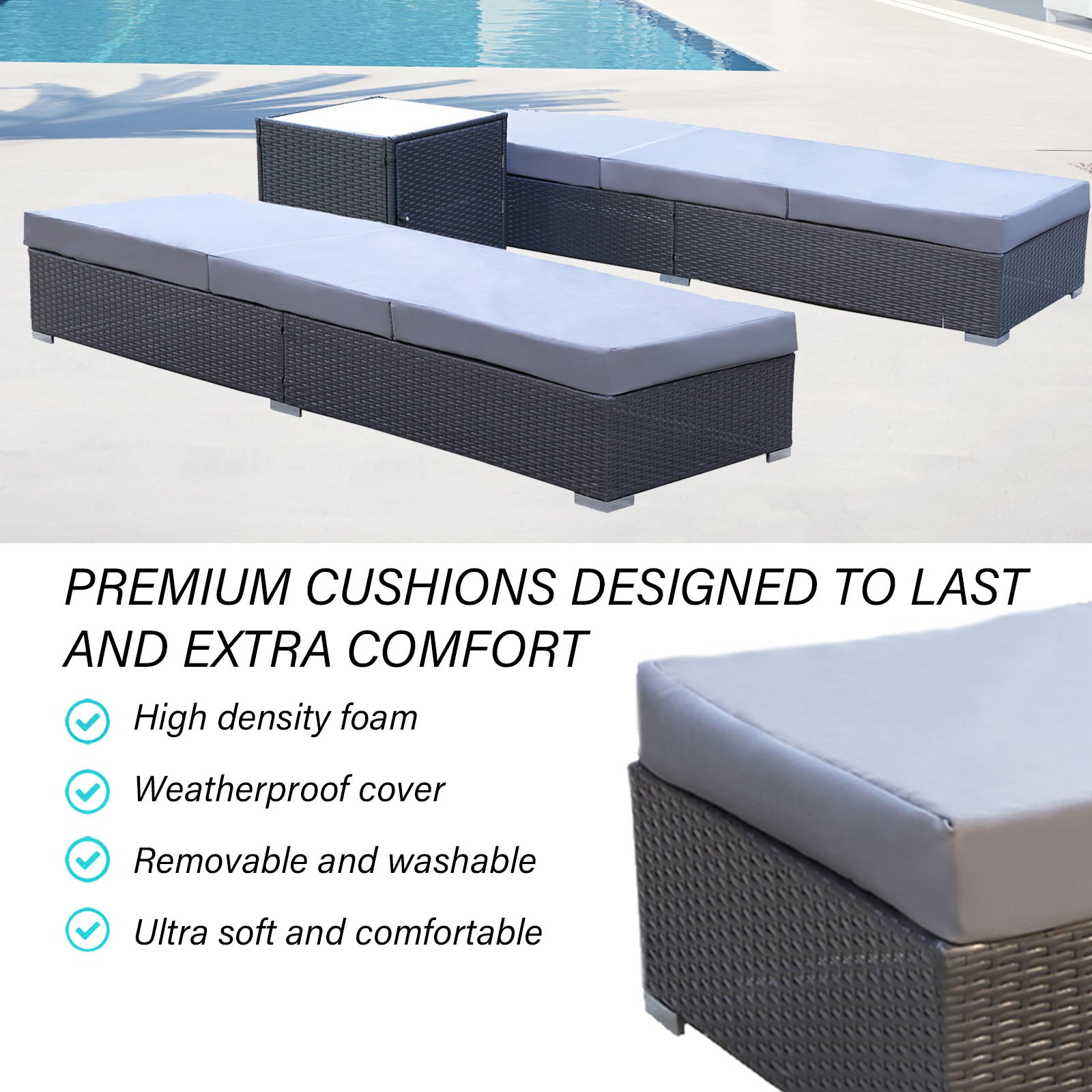 Milano Outdoor 3pc Sun Lounge Pool Bed Deck Rattan Chair Adjustable Furniture-Outdoor Chairs & Lounges-PEROZ Accessories