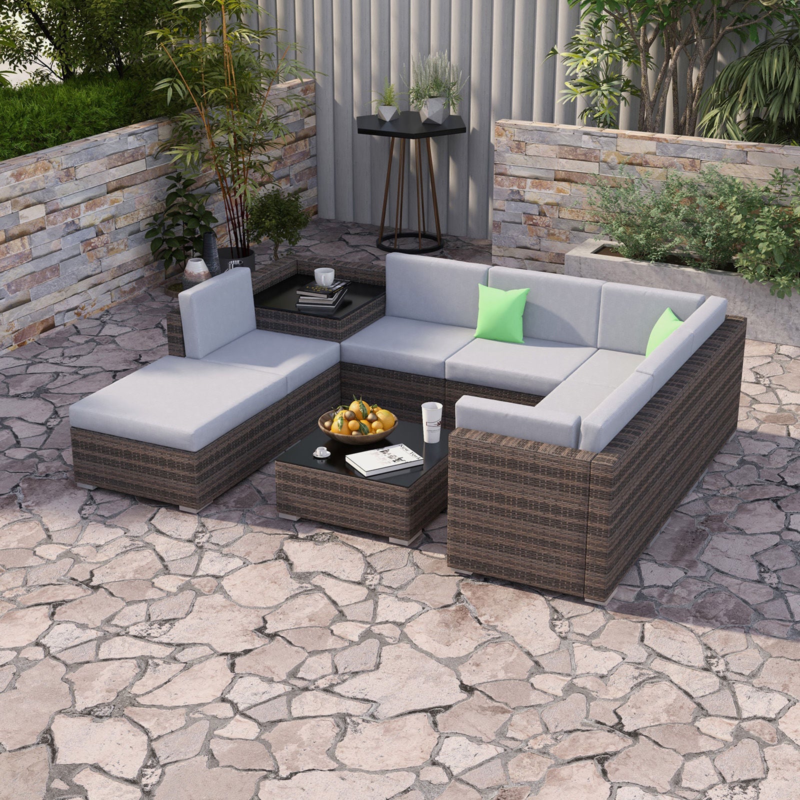 Milano 9 Piece Wicker Rattan Sofa Set Grey Outdoor Lounge Furniture-Outdoor Sofa/Lounge Sets-PEROZ Accessories