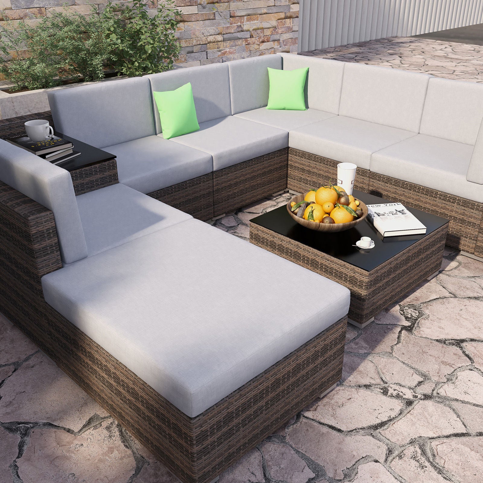 Milano 9 Piece Wicker Rattan Sofa Set Grey Outdoor Lounge Furniture-Outdoor Sofa/Lounge Sets-PEROZ Accessories