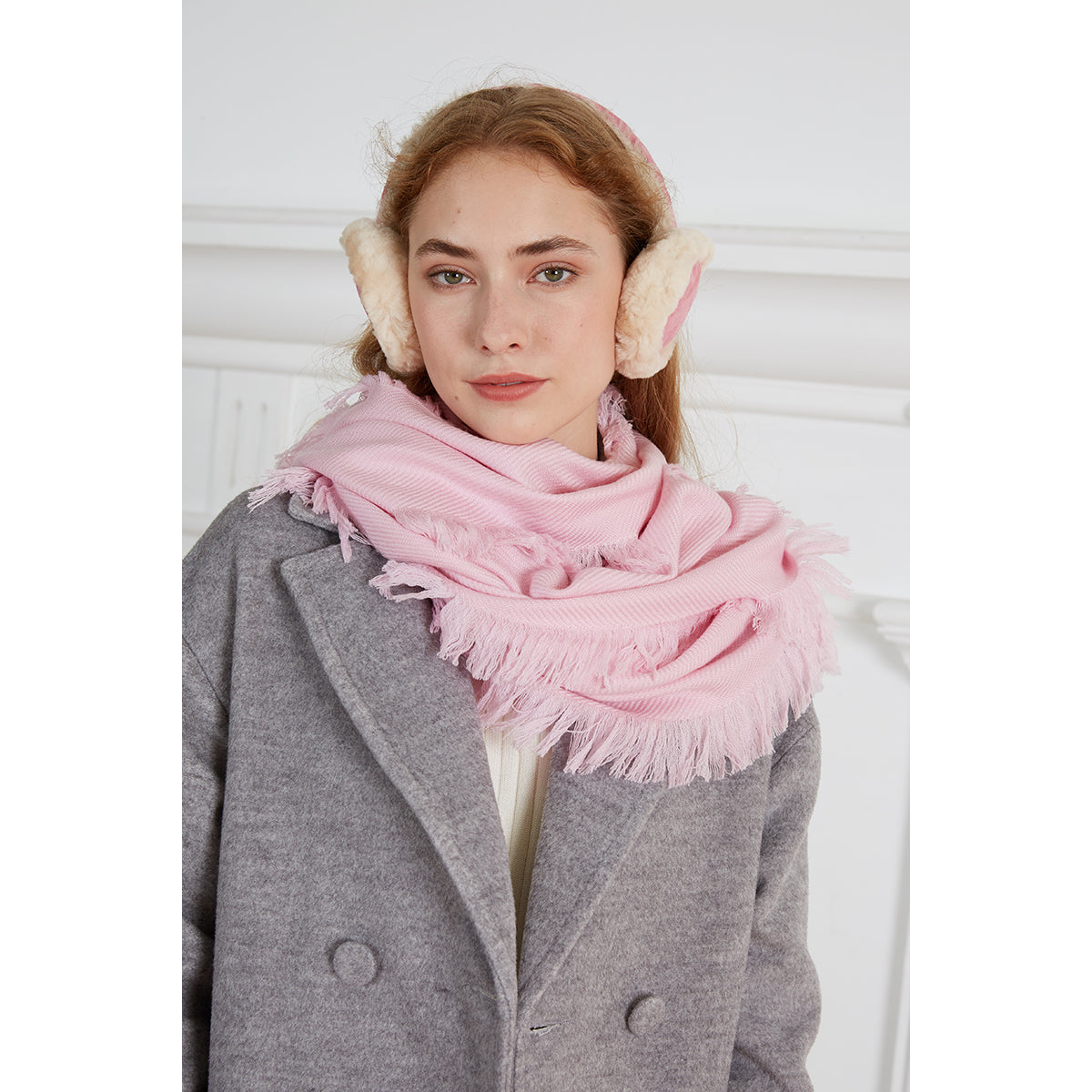 Ugg Fringed Check Wool Scarf Pink-Scarves-PEROZ Accessories