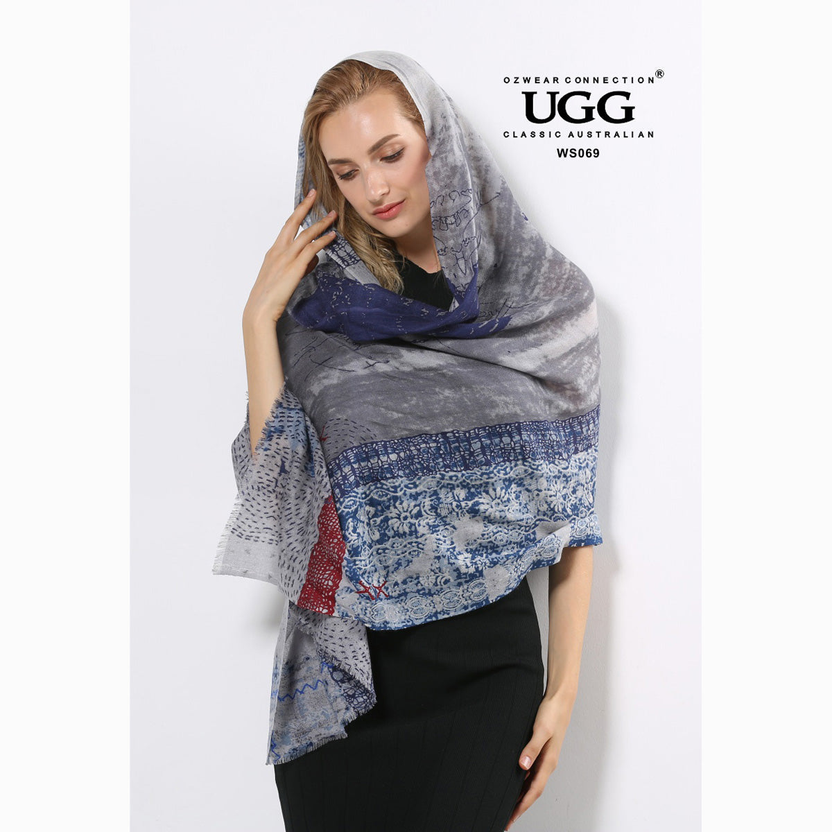 Ugg 100% Australian Merino Wool Scarf Blue Grey-Scarves-PEROZ Accessories