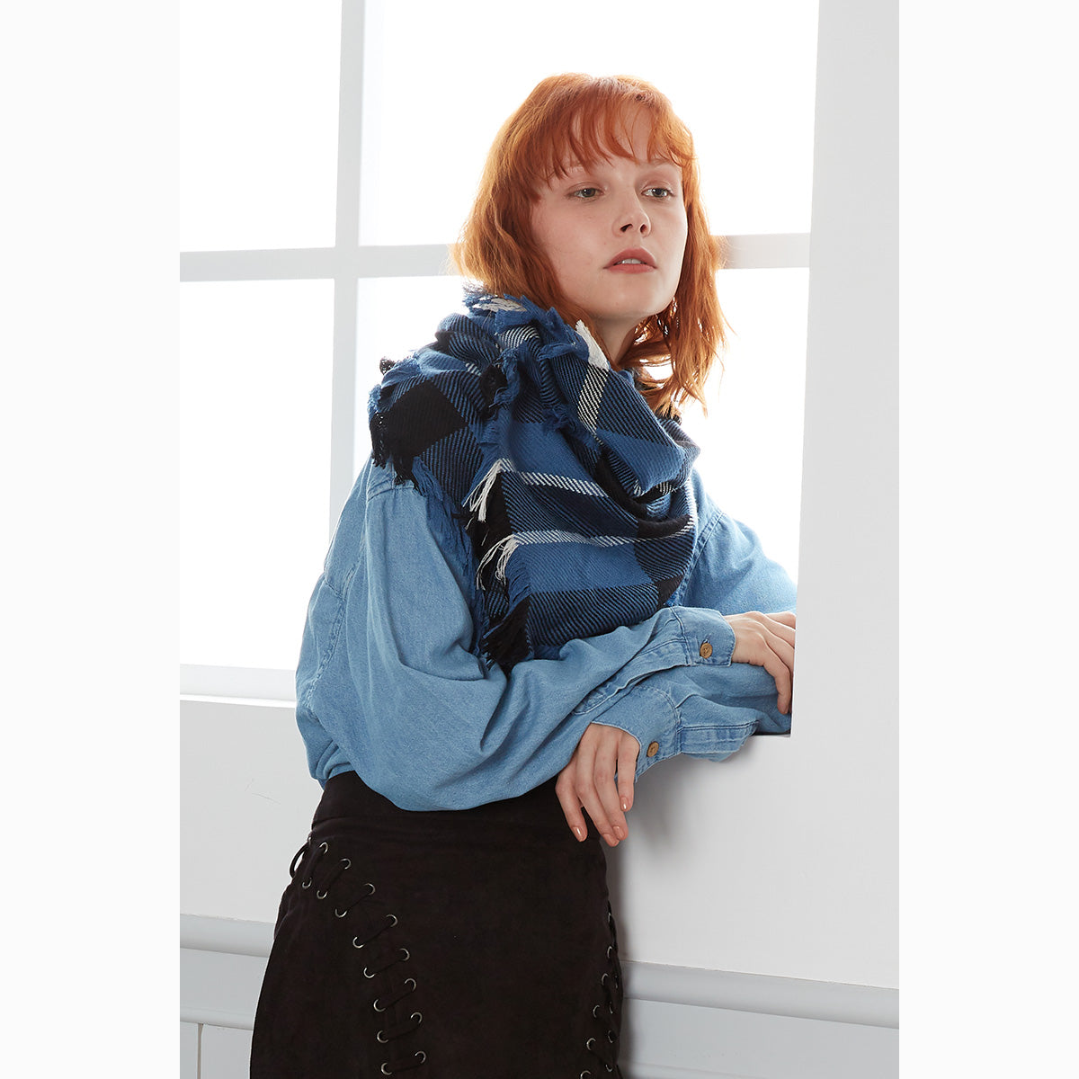 Ugg Fringed Check Wool Scarf Blue and Check-Scarves-PEROZ Accessories