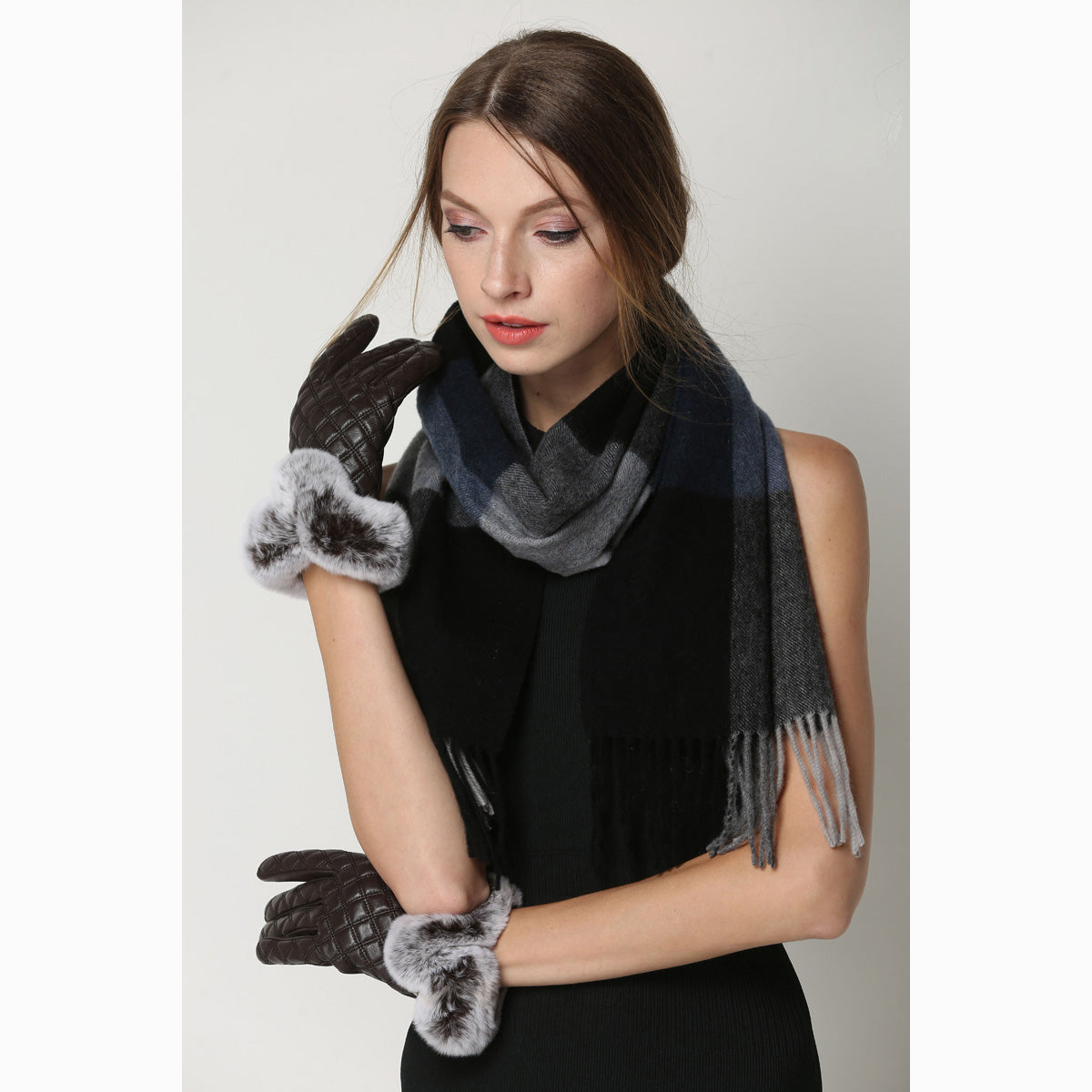 Ugg Cashmere & Wool Scarf Blue Grey and Black-Scarves-PEROZ Accessories