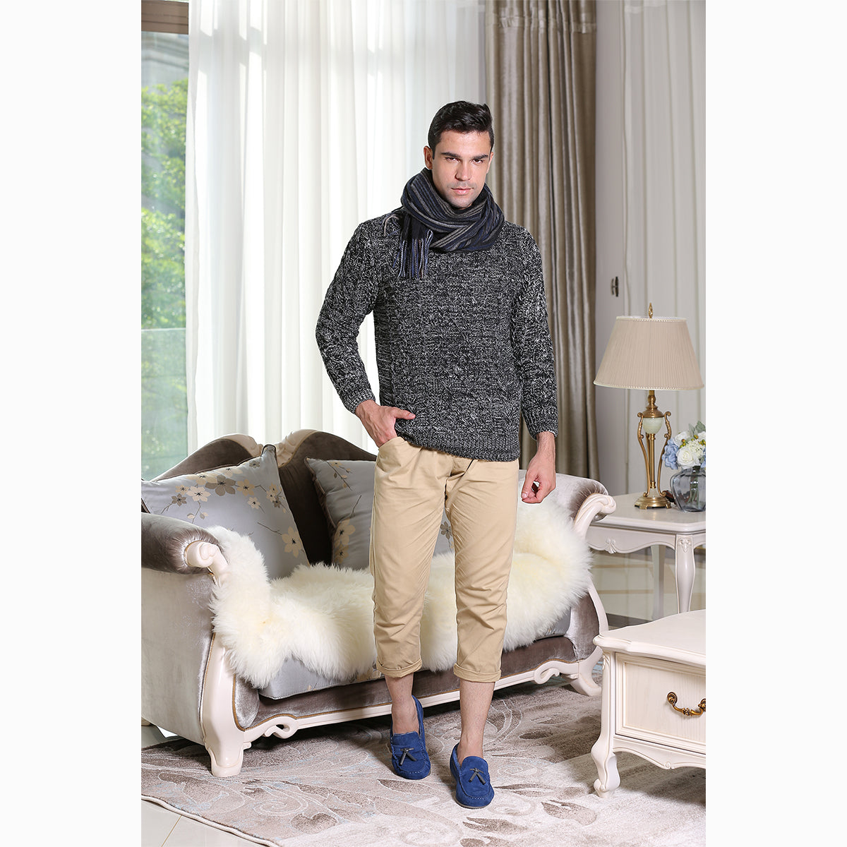 Ugg Cashmere & Wool Scarf Navy and Bedge (Stripe)-Scarves-PEROZ Accessories