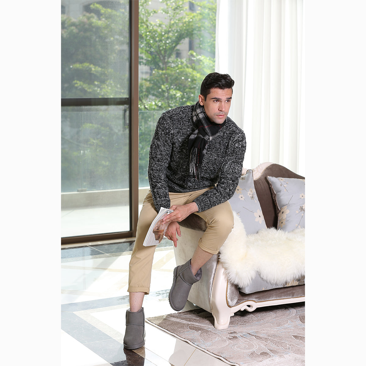 Ugg Cashmere & Wool Scarf Black (Check)-Scarves-PEROZ Accessories