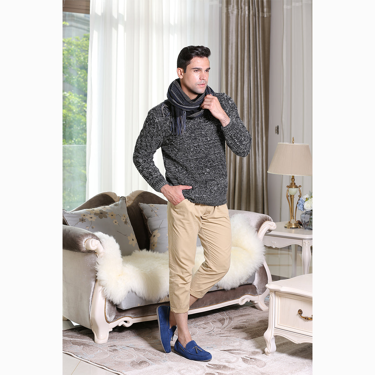 Ugg Cashmere & Wool Scarf Navy and Bedge (Stripe)-Scarves-PEROZ Accessories