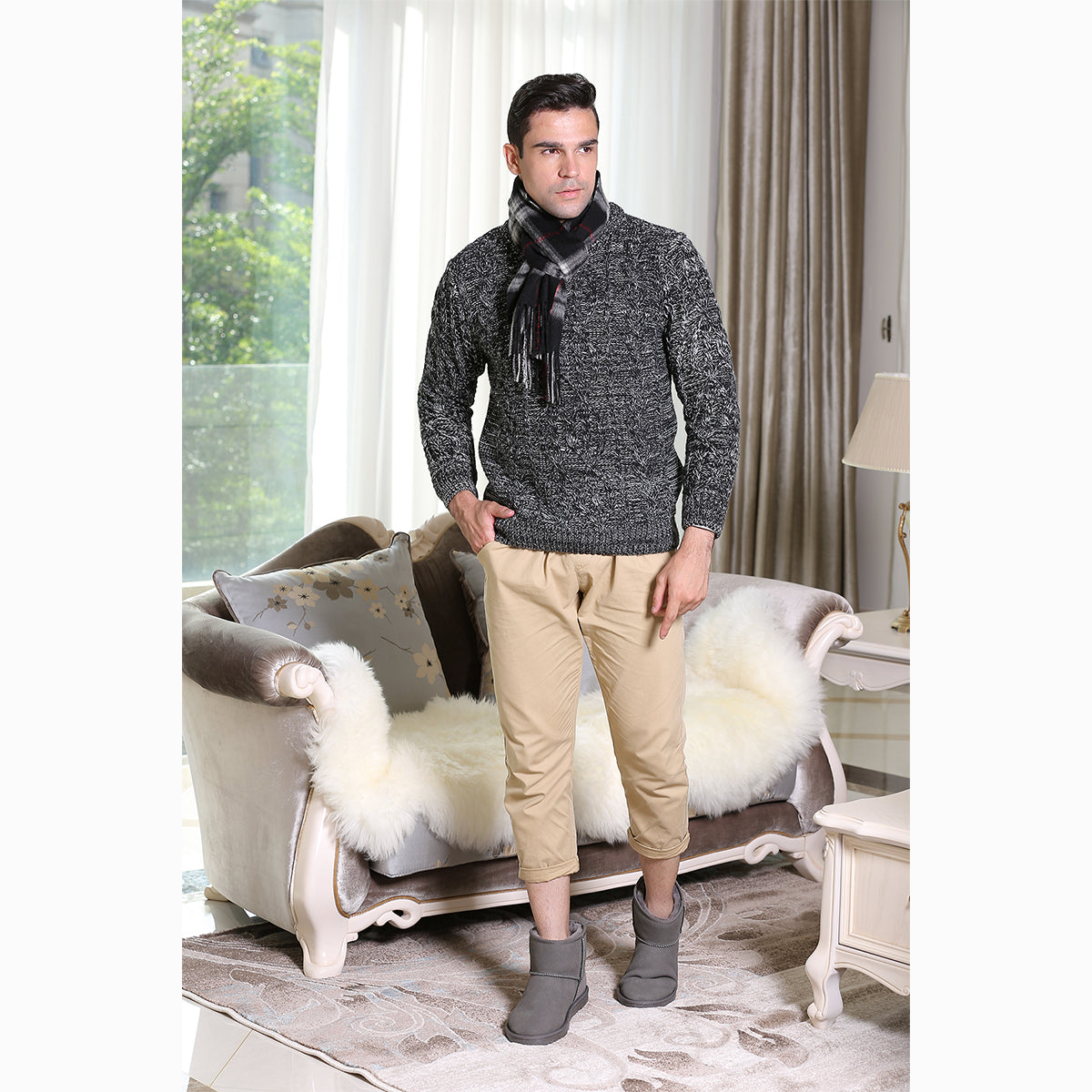 Ugg Cashmere & Wool Scarf Black (Check)-Scarves-PEROZ Accessories