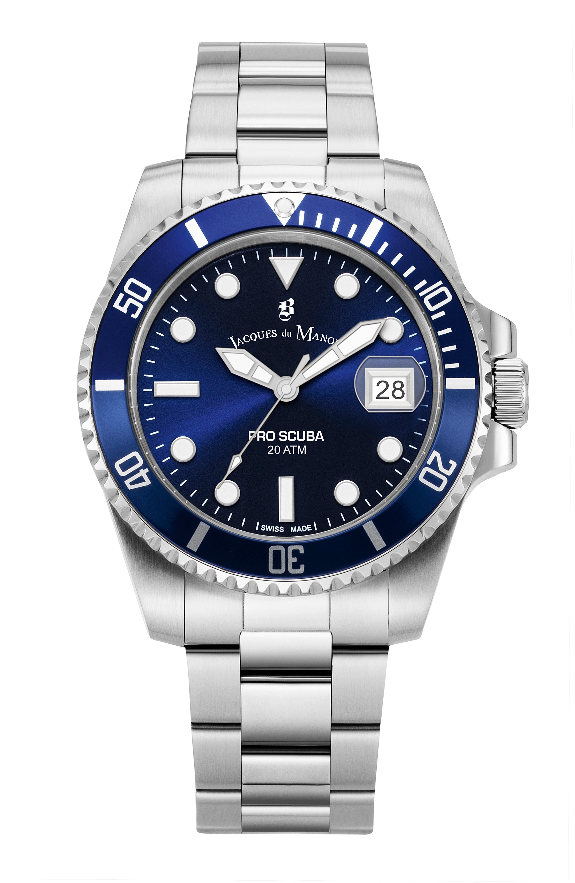 Jacques Du Manoir Swiss-Made Pro Scuba 43mm 200m Water Resistant Stainless Steel and Blue Watch-PEROZ Accessories