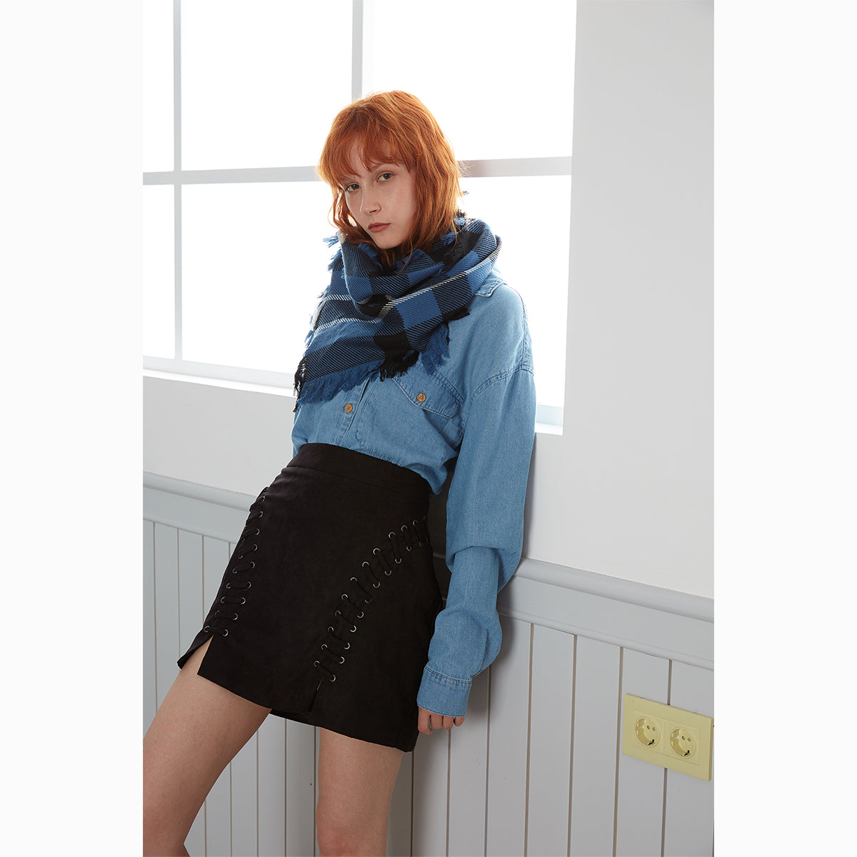 Ugg Fringed Check Wool Scarf Blue and Check-Scarves-PEROZ Accessories