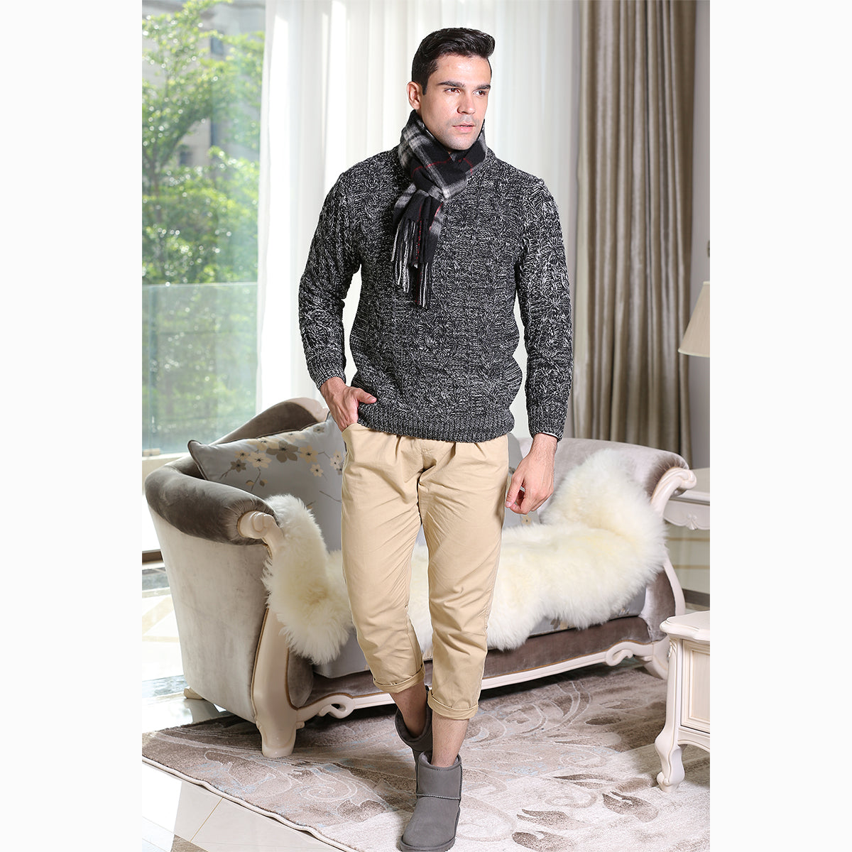 Ugg Cashmere & Wool Scarf Black (Check)-Scarves-PEROZ Accessories
