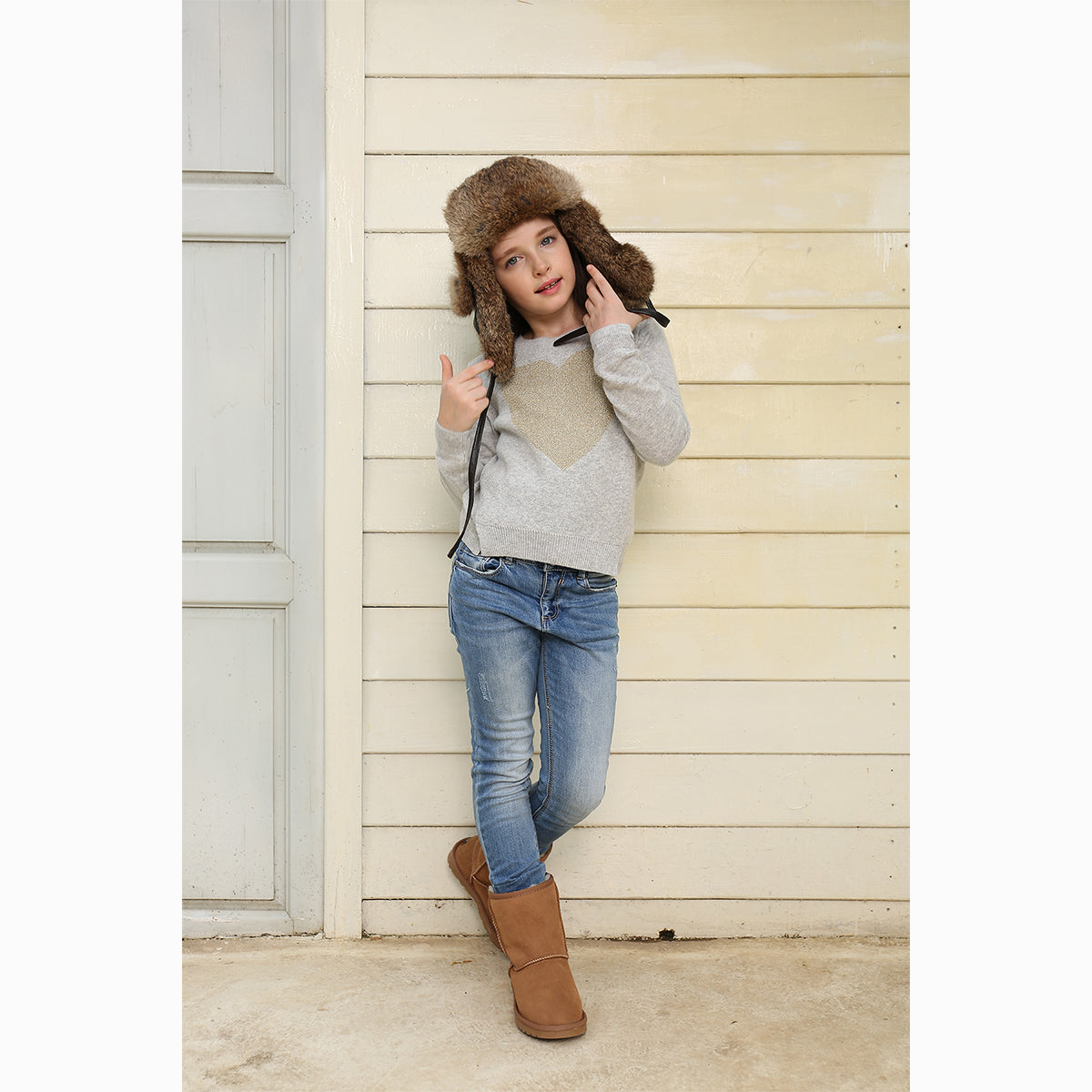 Ugg Kids Vintage Rodeo Leather Rabbit Fur Aviator Hat-Hats-PEROZ Accessories
