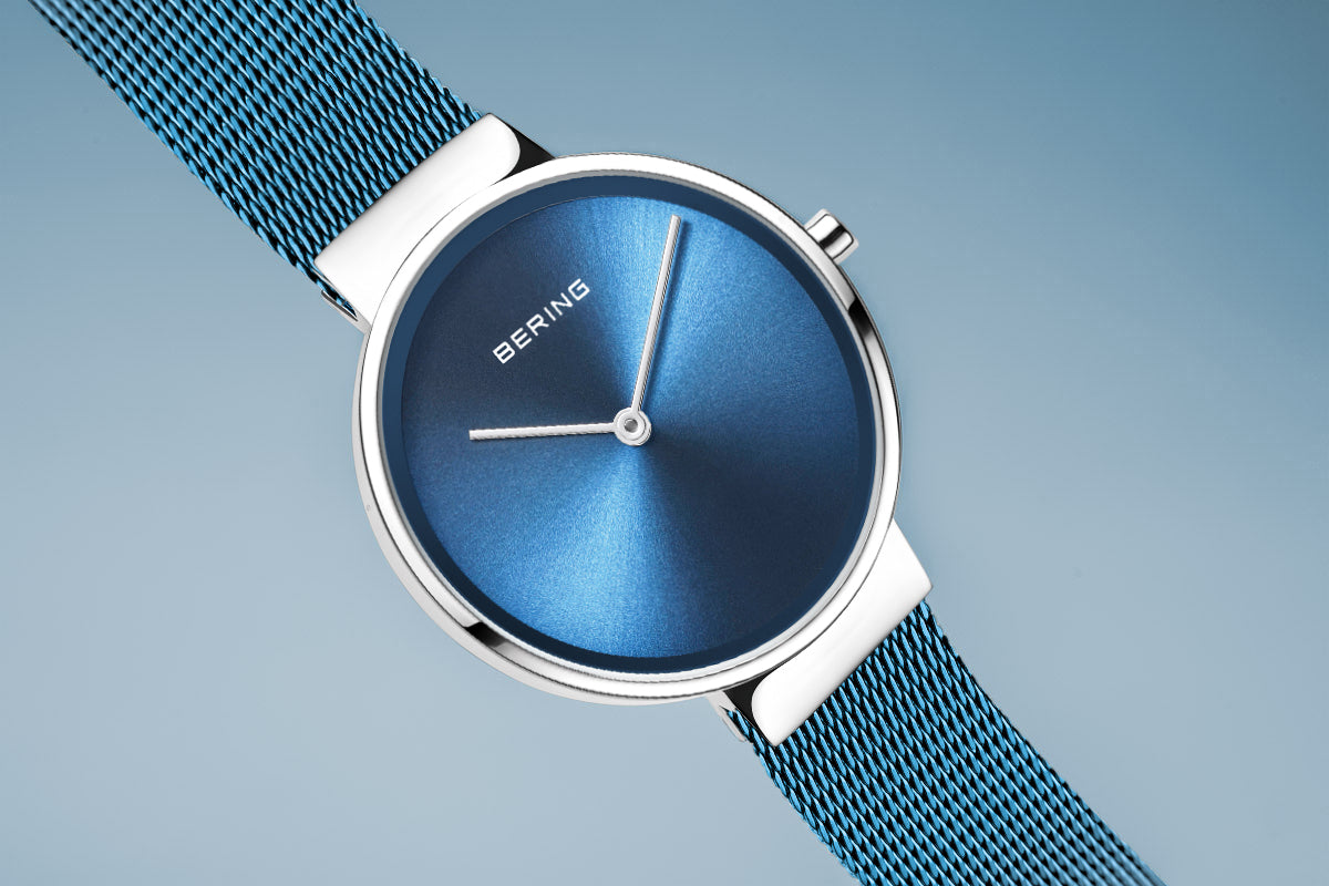 Bering Classic Polished Silver Blue Mesh Watch-PEROZ Accessories