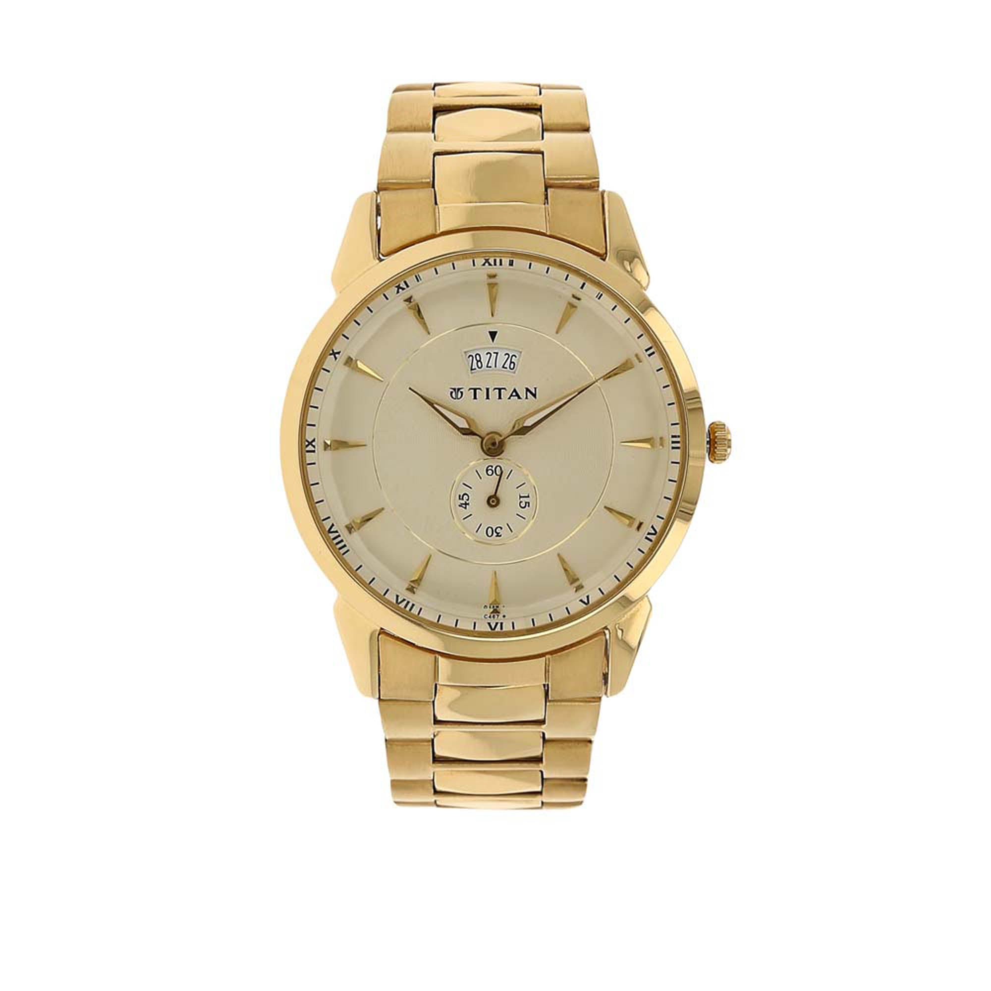 Titan Quartz Analogue with Date Champagne Dial Stainless Steel Strap Watch for Men-PEROZ Accessories