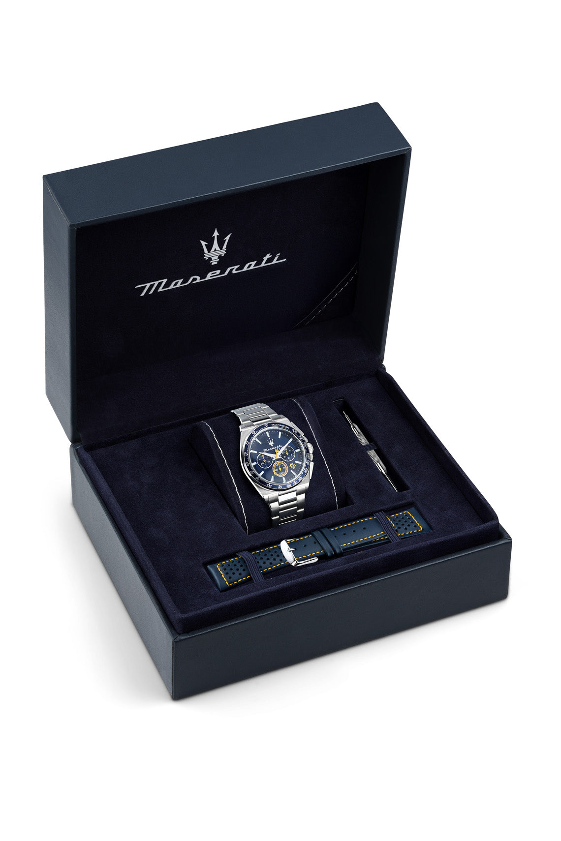 Maserati Velocita 43mm Chrono Blue Dial Stainless Steel Strap and Blue Leather Strap Watch-PEROZ Accessories
