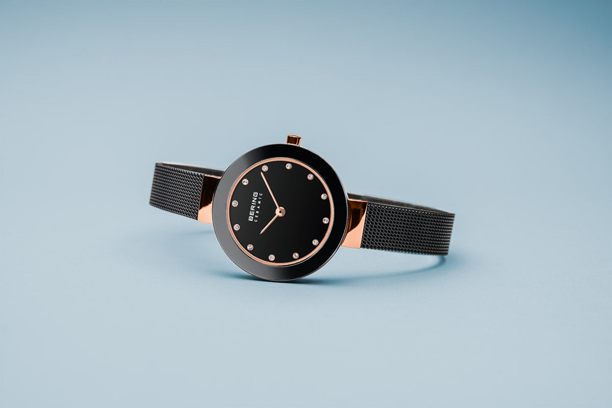 Bering Ceramic Polished Rose Gold Black Mesh Watch-PEROZ Accessories