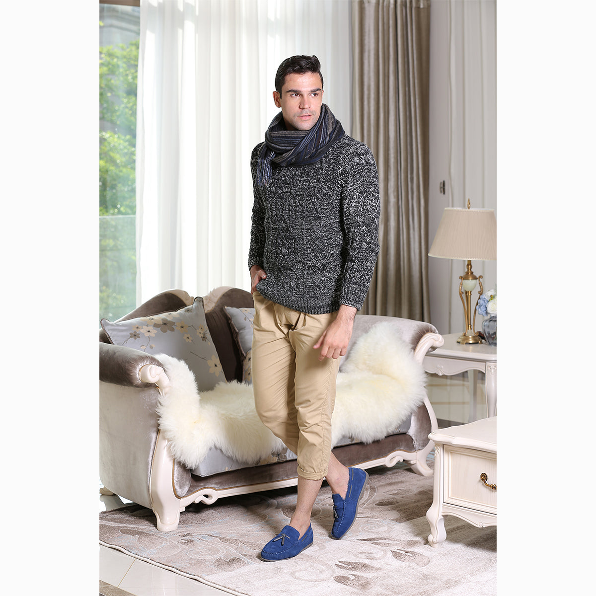 Ugg Cashmere & Wool Scarf Navy and Bedge (Stripe)-Scarves-PEROZ Accessories