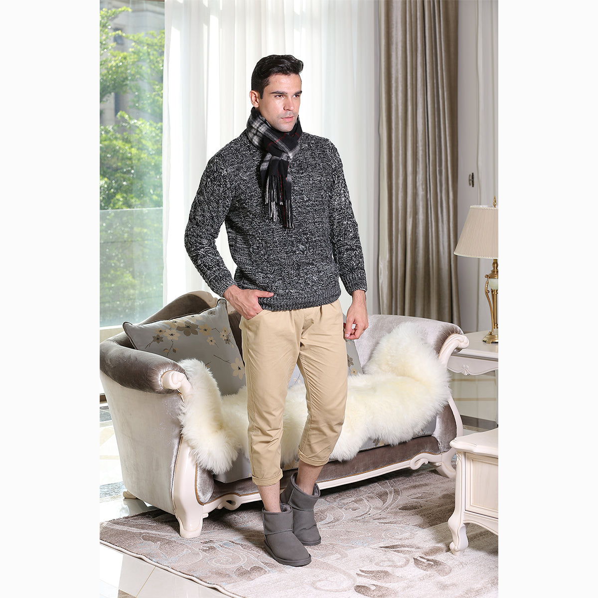 Ugg Cashmere & Wool Scarf Black (Check)-Scarves-PEROZ Accessories