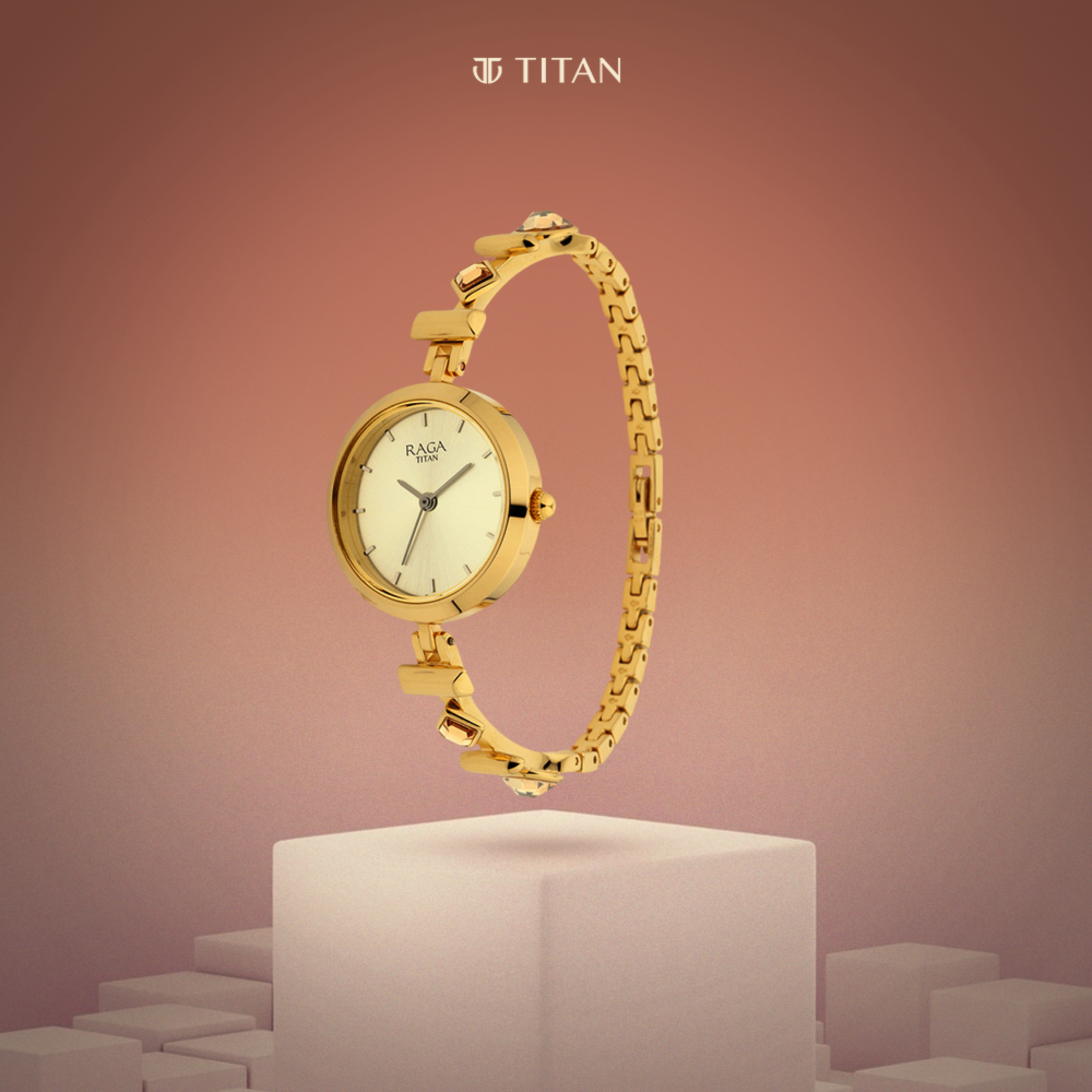 Titan Raga Facets Champagne Dial Analog Stainless Steel Strap Watch for Women-PEROZ Accessories