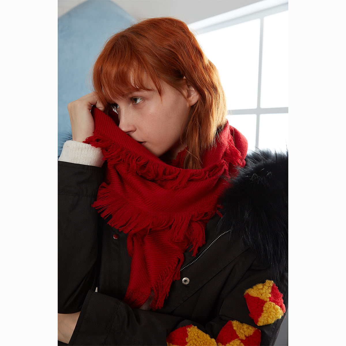Ugg Fringed Check Wool Scarf Tomato-Scarves-PEROZ Accessories