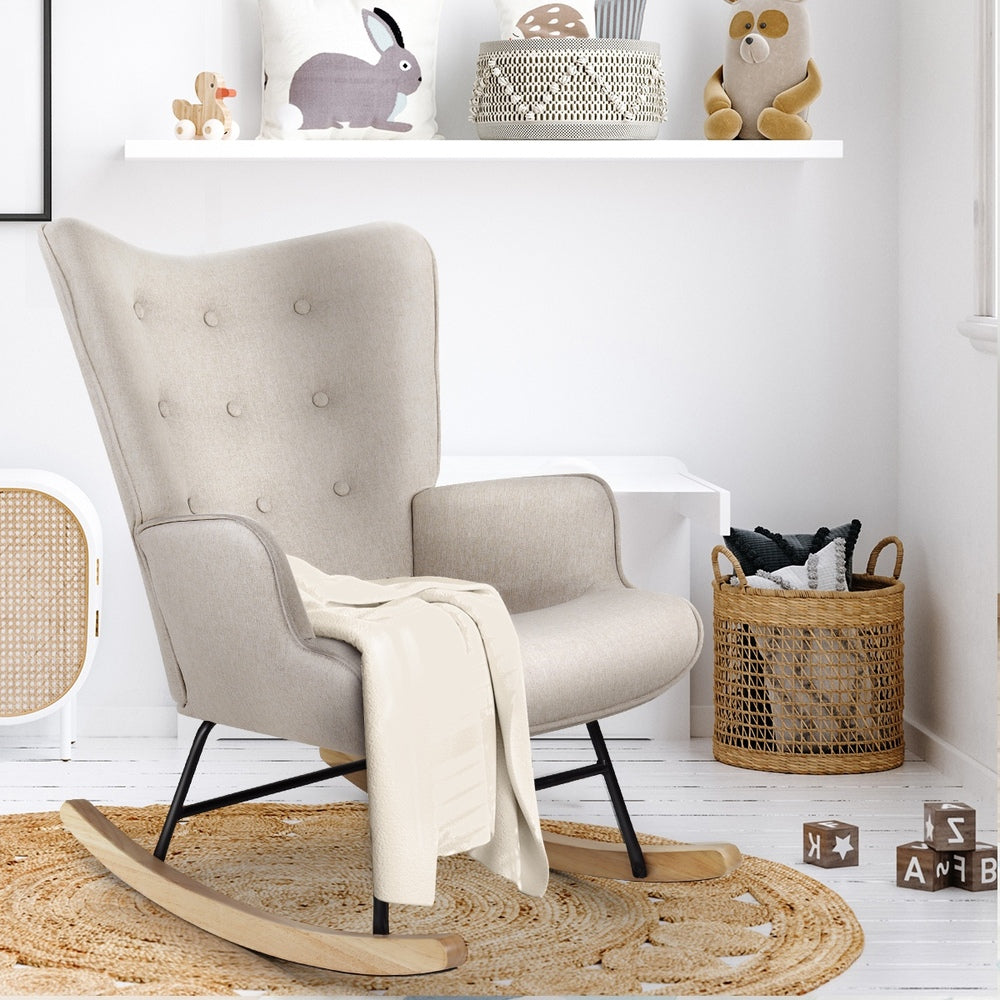 Oikiture Rocking Chair Nursing Armchair Velvet Accent Chairs Upholstered Beige-Armchairs-PEROZ Accessories