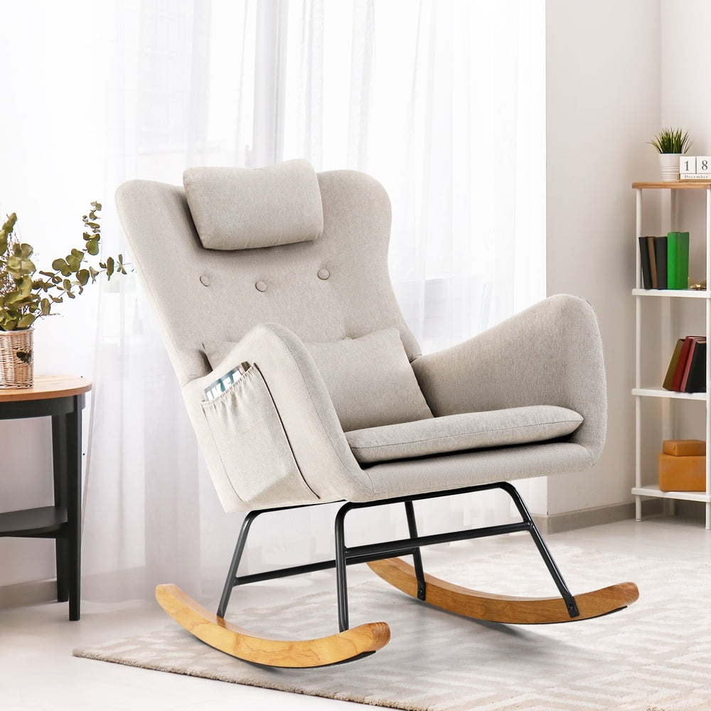 Oikiture Rocking Chair Nursing Armchair Linen Accent Chairs With 2 Pillow Beige-Armchair-PEROZ Accessories