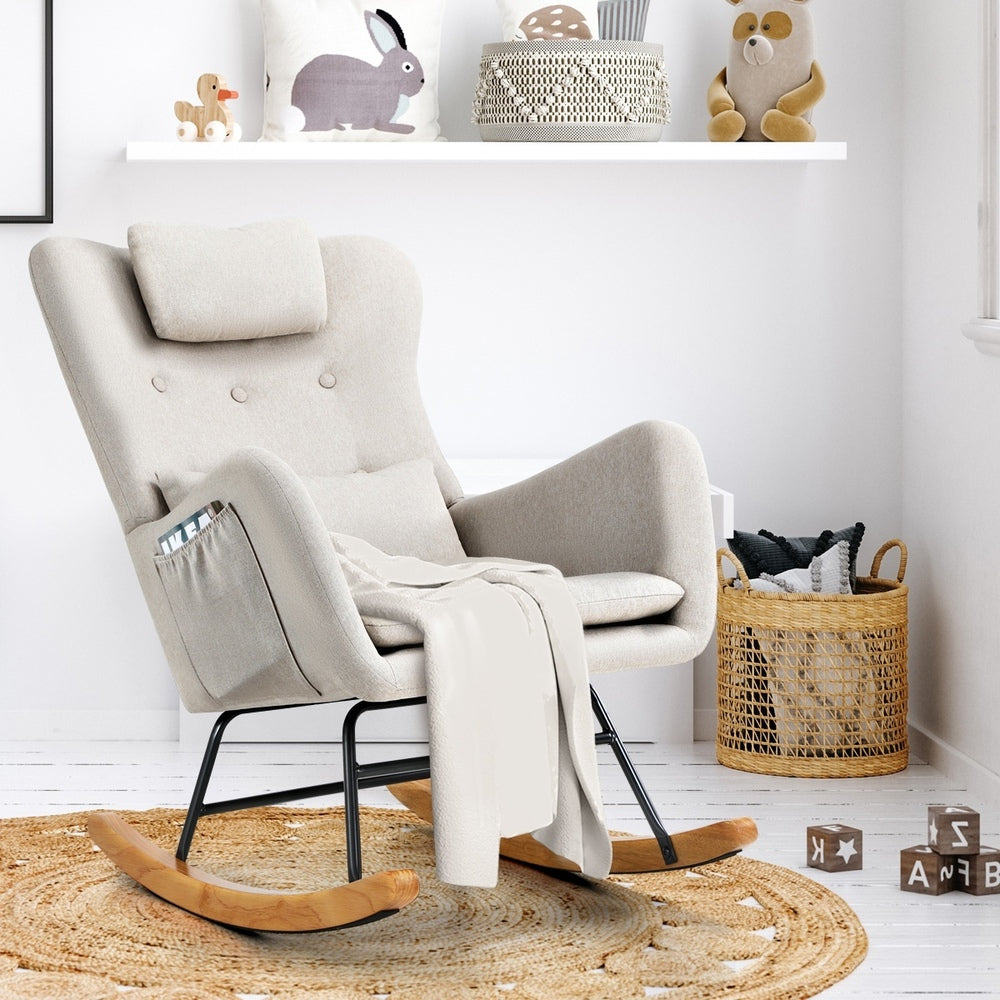 Oikiture 4x Rocking Chair Nursing Armchair Linen 2 Pillow Beige-Armchair-PEROZ Accessories