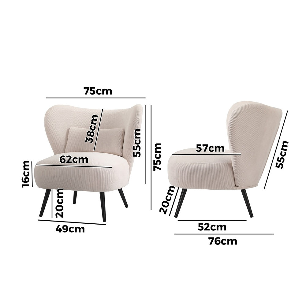 Oikiture Armchair with Lumbar Pillow Wingback Velvet Beige-Armchair-PEROZ Accessories