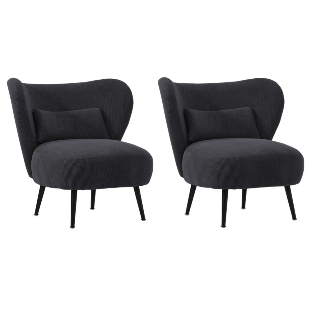 Oikiture 2x Armchair with Lumbar Pillow Wingback Velvet Charcoal-Armchair-PEROZ Accessories