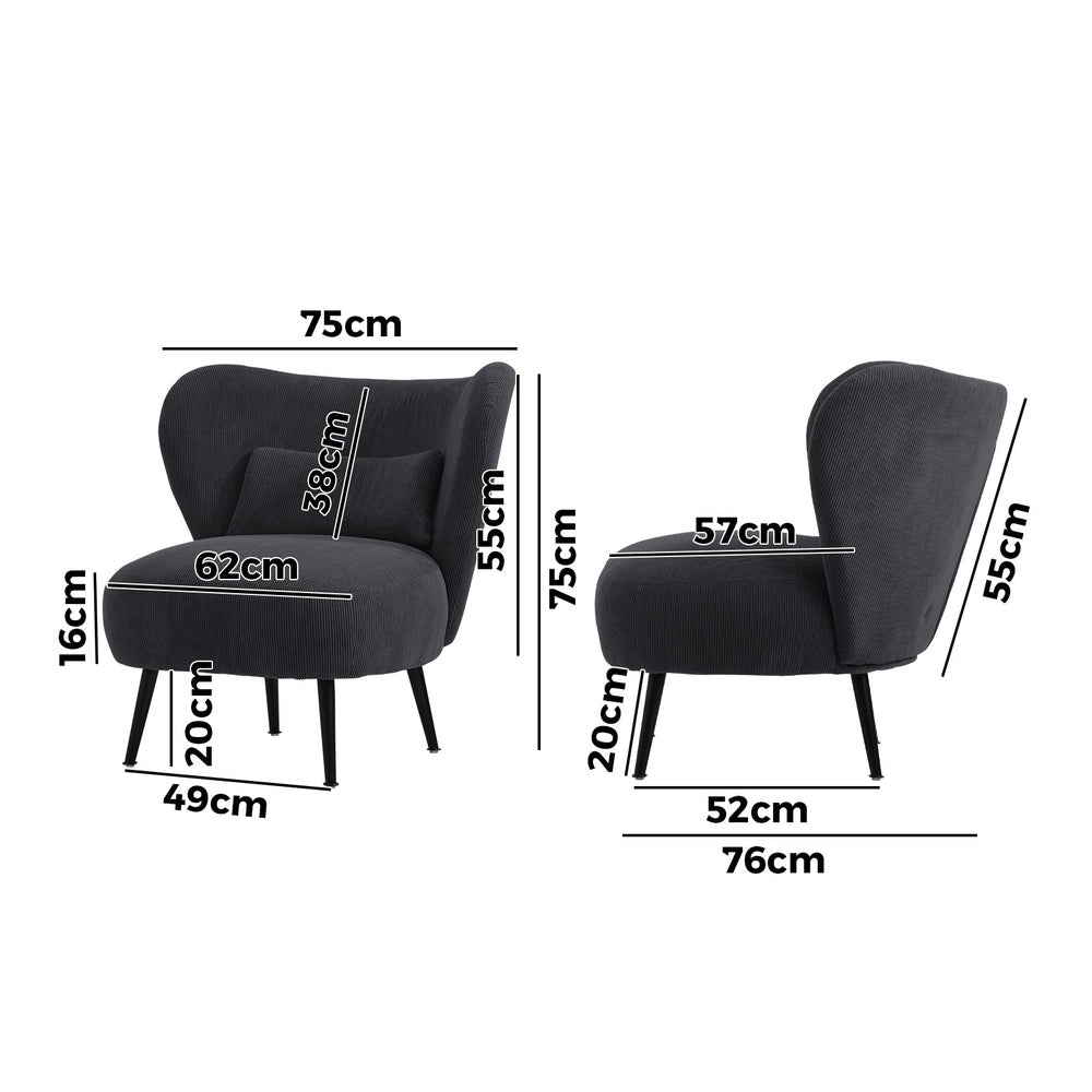 Oikiture 3x Armchair with Lumbar Pillow Wingback Velvet Charcoal-Armchair-PEROZ Accessories