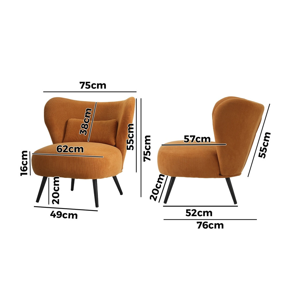 Oikiture Armchair with Lumbar Pillow Wingback Velvet Orange-Armchair-PEROZ Accessories