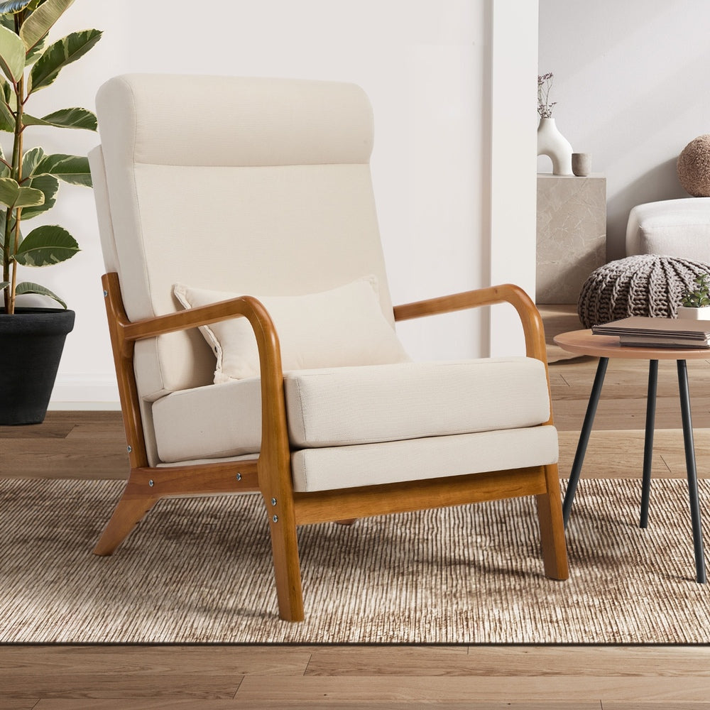 Oikiture Armchair Linen Fabric Lounge Chair with Lumbar Pillow Beige-Armchair-PEROZ Accessories