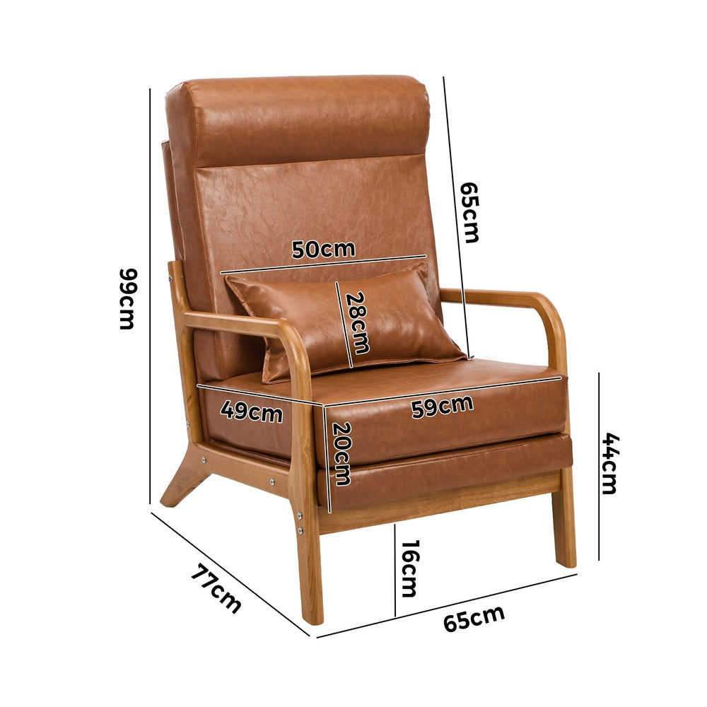 Oikiture Armchair PU Leather Lounge Chair with Lumbar Pillow Brown-Armchair-PEROZ Accessories