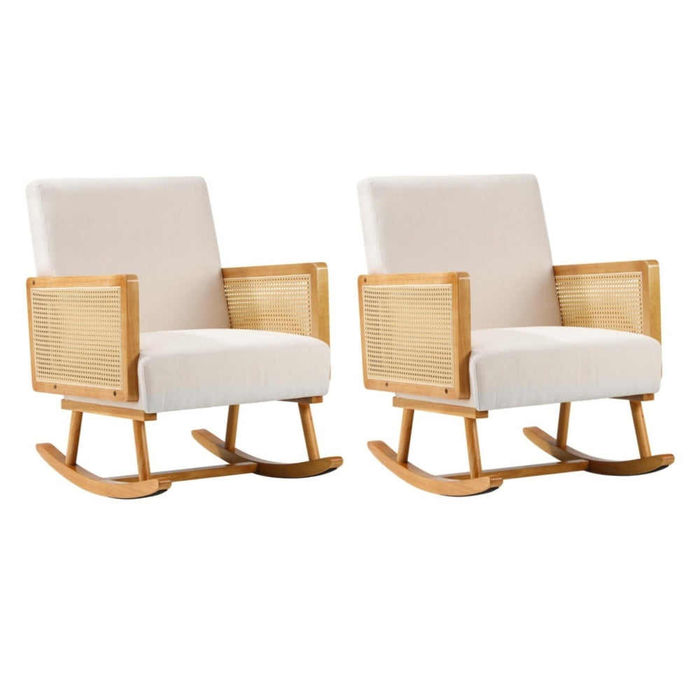 Oikiture 2x Rocking Chair Nursing Armchair Linen PE Rattan Beige-Armchair-PEROZ Accessories
