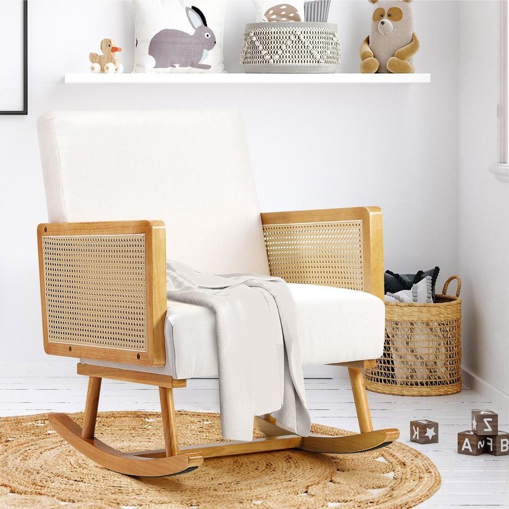 Oikiture 4x Rocking Chair Nursing Armchair Linen PE Rattan Beige-Armchair-PEROZ Accessories